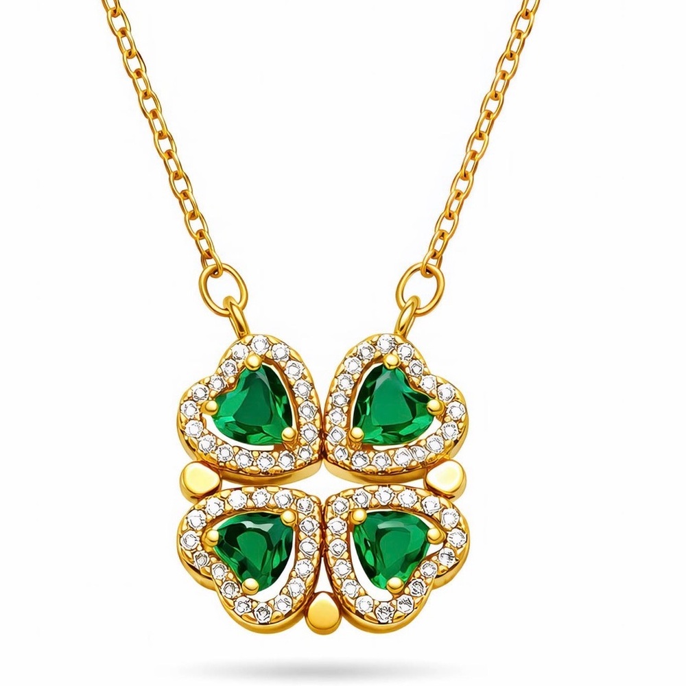 Flower Necklace 18K Gold Plated Stainless Steel Green CZ Pendant - Picture 2 of 2